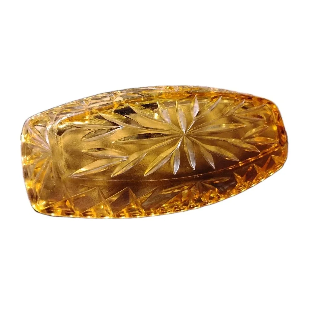 Vtg Amber Tray Hazel Atlas (?) Pressed Cut Glass Relish Dish 9x4
